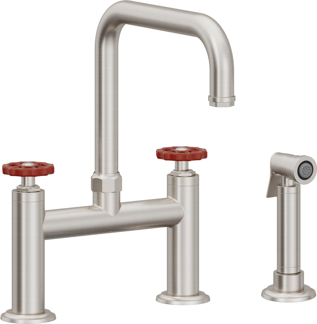 California Faucets Descanso Works Llave de Cocina Tipo Puente Industrial con Rociador Lateral - Pico Cuadruple - Acero Inoxidable Ultra