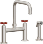 California Faucets Descanso Works Llave de Cocina Tipo Puente Industrial con Rociador Lateral - Pico Cuadruple - Acero Inoxidable Ultra