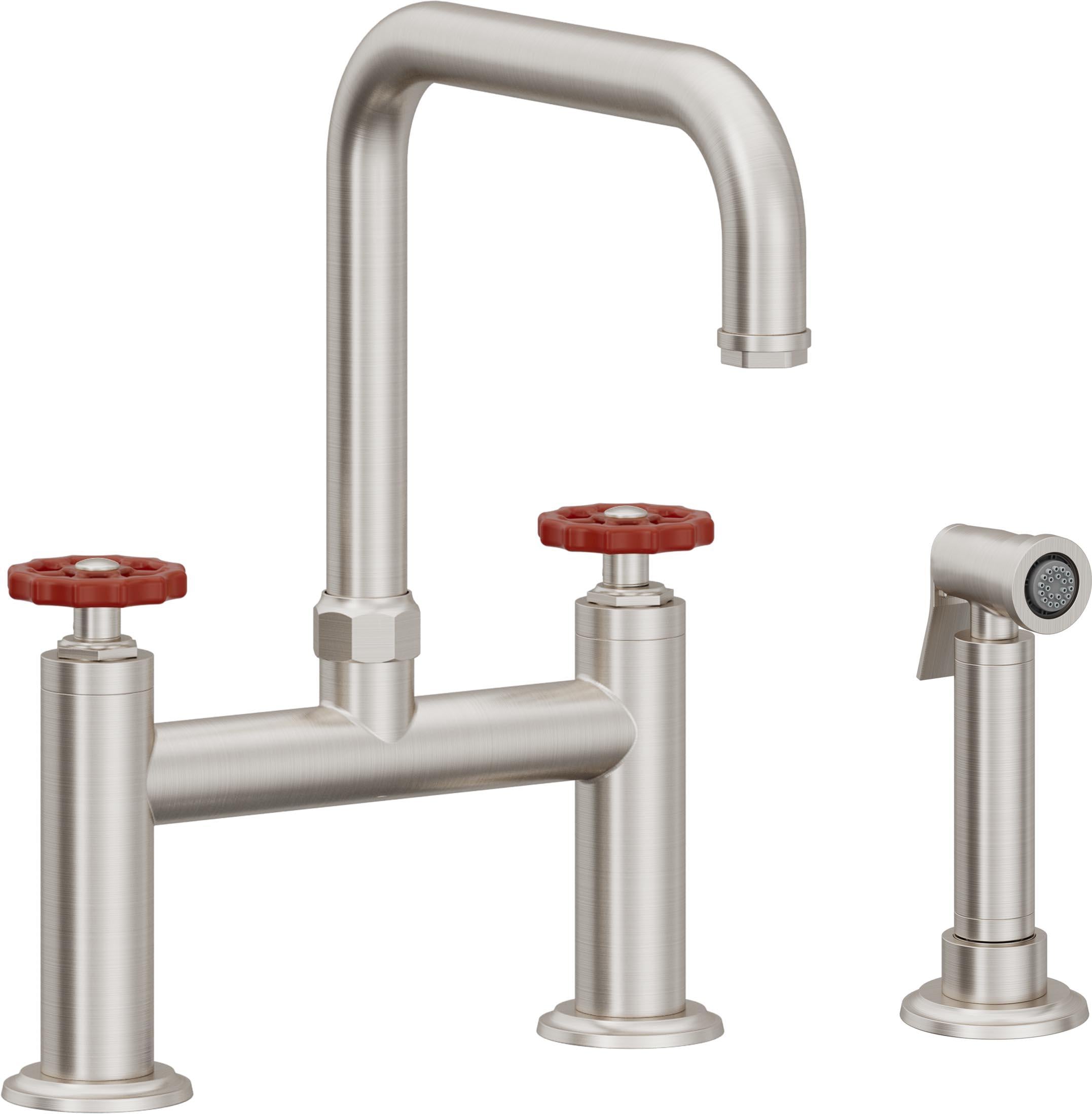 California Faucets Descanso Works Llave de Cocina Tipo Puente Industrial con Rociador Lateral - Pico Cuadruple - Acero Inoxidable Ultra