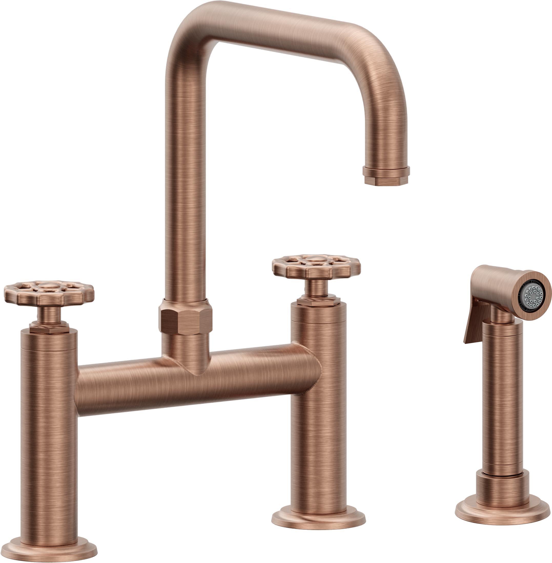 California Faucets Descanso Works Llave de Cocina Tipo Puente Industrial con Rociador Lateral - Pico Cuadruple - Cobre Antiguo Mate