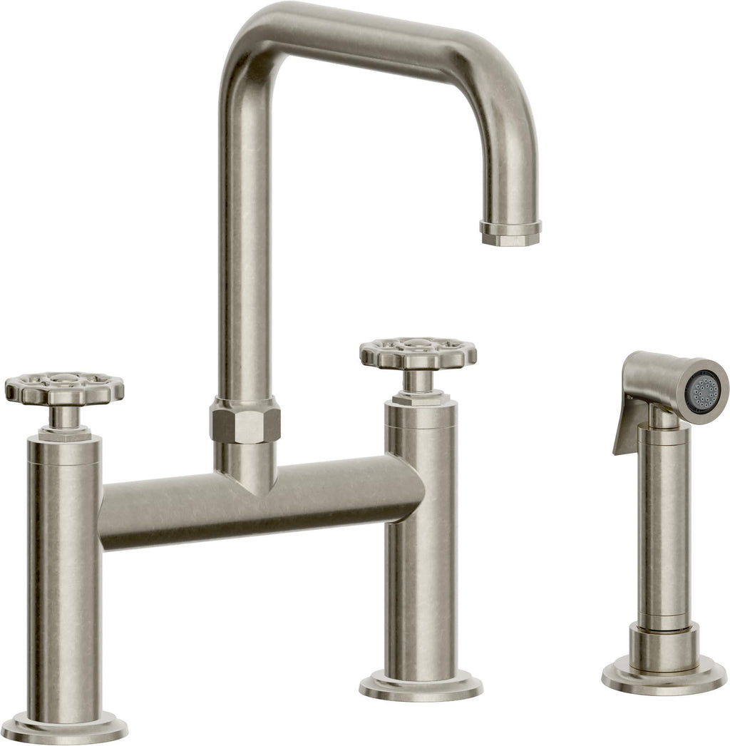 California Faucets Descanso Works Llave de Cocina Tipo Puente Industrial con Rociador Lateral - Pico Cuadruple - Níquel Bruñido