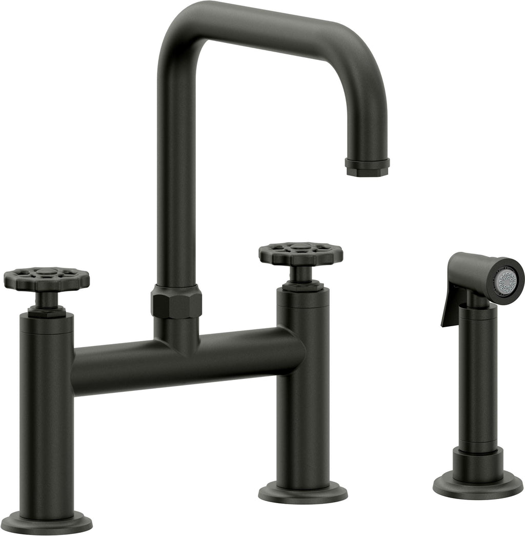 California Faucets Descanso Works Llave de Cocina Tipo Puente Industrial con Rociador Lateral - Pico Cuadruple - Bronce Bella Terra