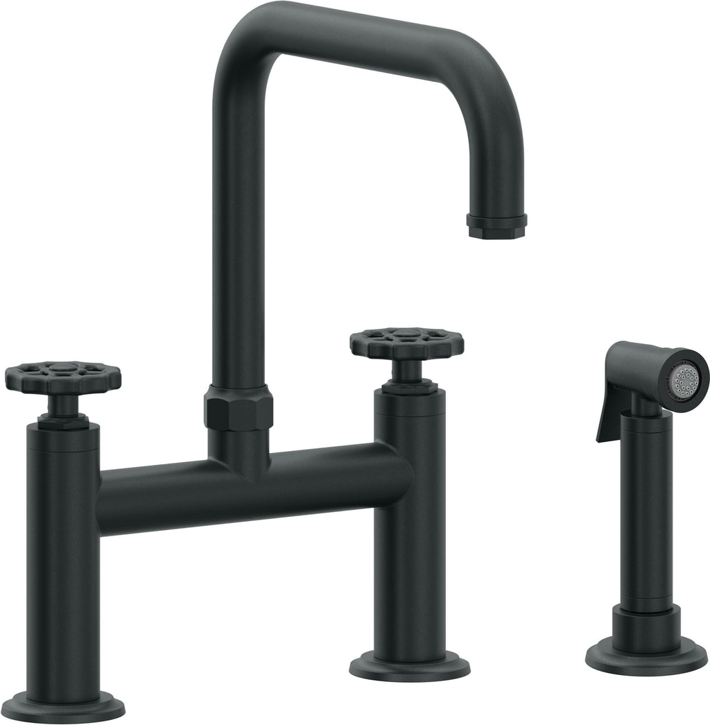 California Faucets Descanso Works Llave de Cocina Tipo Puente Industrial con Rociador Lateral - Pico Cuadruple - Carbón