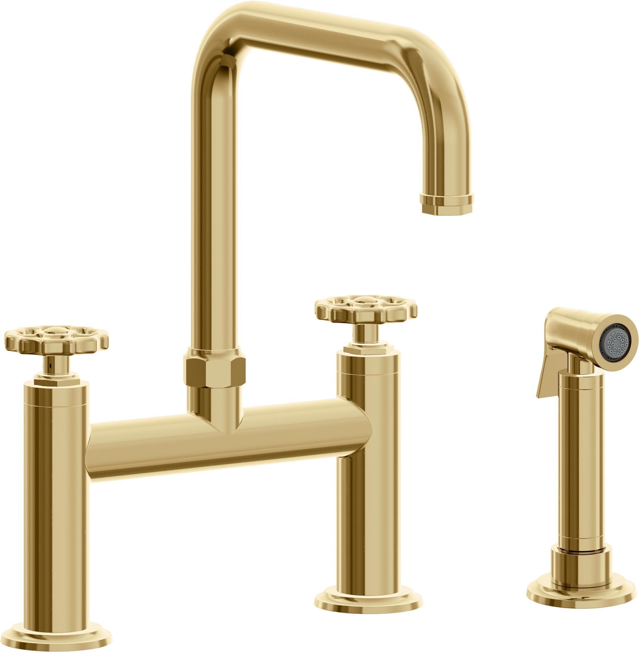 California Faucets Descanso Works Llave de Cocina Tipo Puente Industrial con Rociador Lateral - Pico Cuadruple - Oro Francés