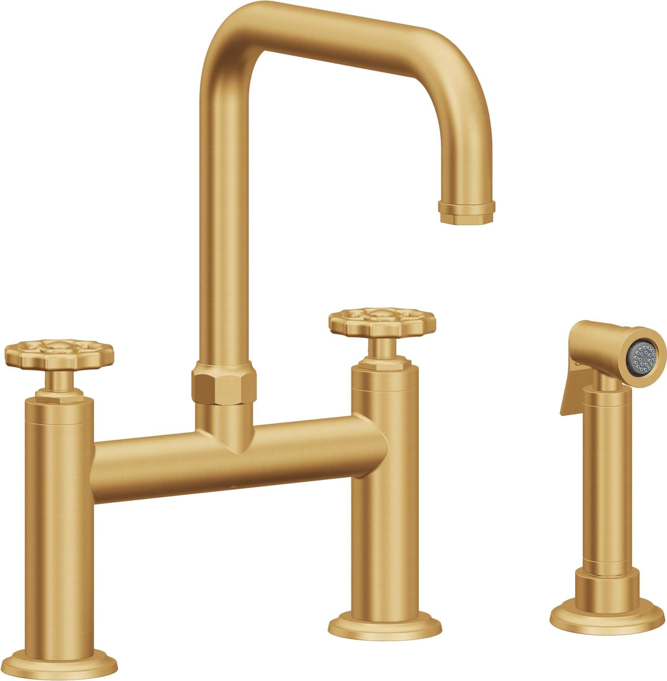 California Faucets Descanso Works Llave de Cocina Tipo Puente Industrial con Rociador Lateral - Pico Cuadruple - Oro Satinado de por Vida