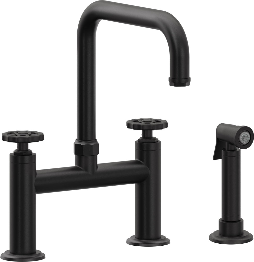 California Faucets Descanso Works Llave de Cocina Tipo Puente Industrial con Rociador Lateral - Pico Cuadruple - Negro Mate