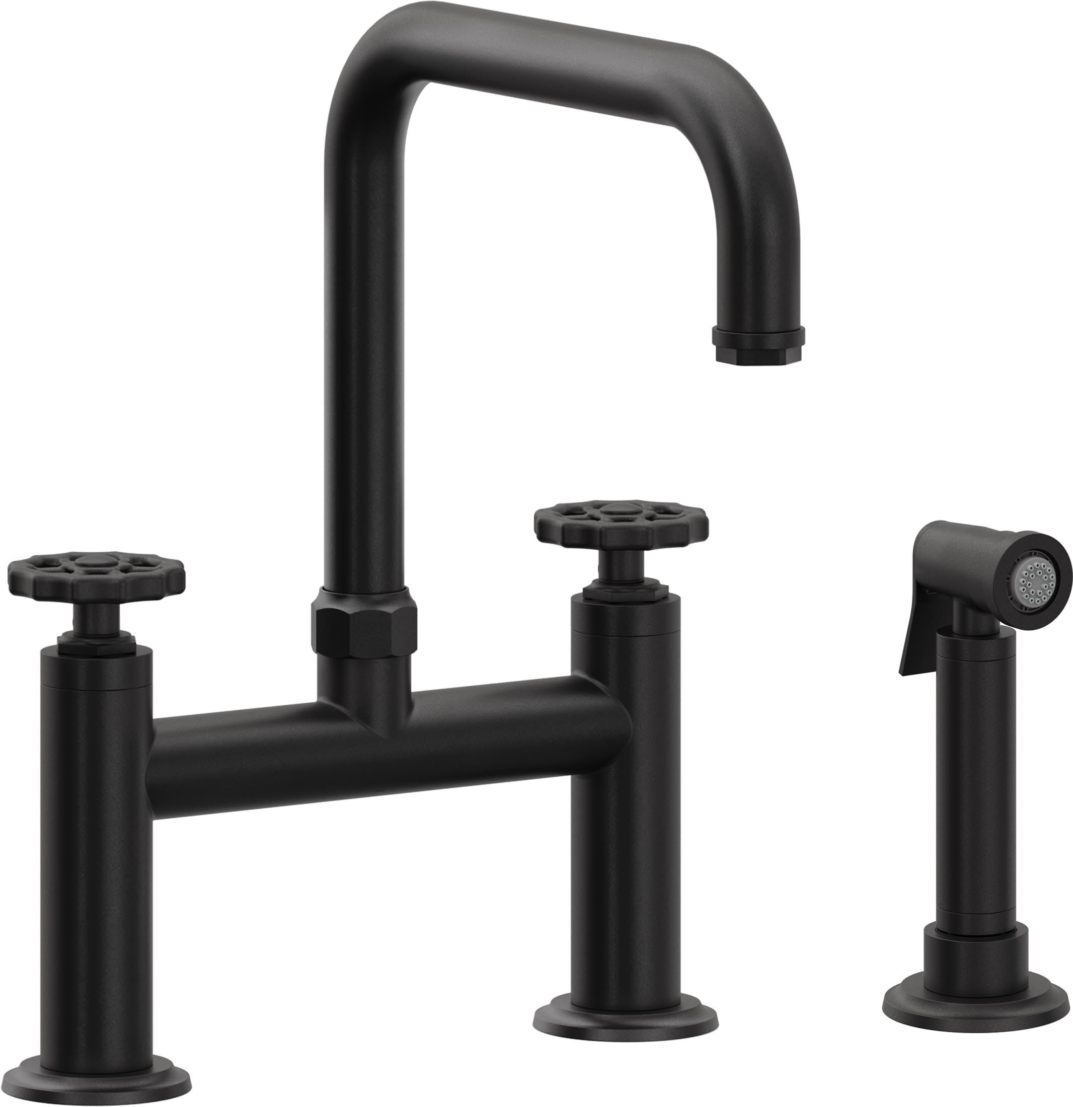 California Faucets Descanso Works Llave de Cocina Tipo Puente Industrial con Rociador Lateral - Pico Cuadruple - Negro Mate