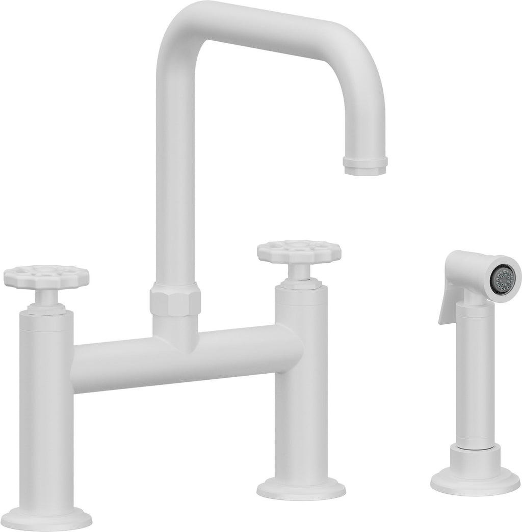 California Faucets Descanso Works Llave de Cocina Tipo Puente Industrial con Rociador Lateral - Pico Cuadruple - Blanco Mate
