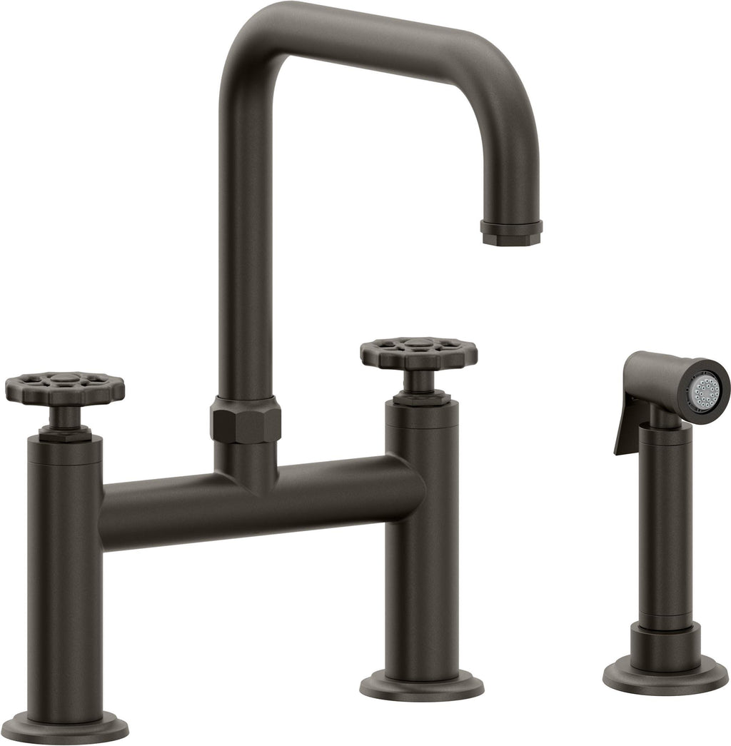 California Faucets Descanso Works Llave de Cocina Tipo Puente Industrial con Rociador Lateral - Pico Cuadruple - Bronce Oscuro
