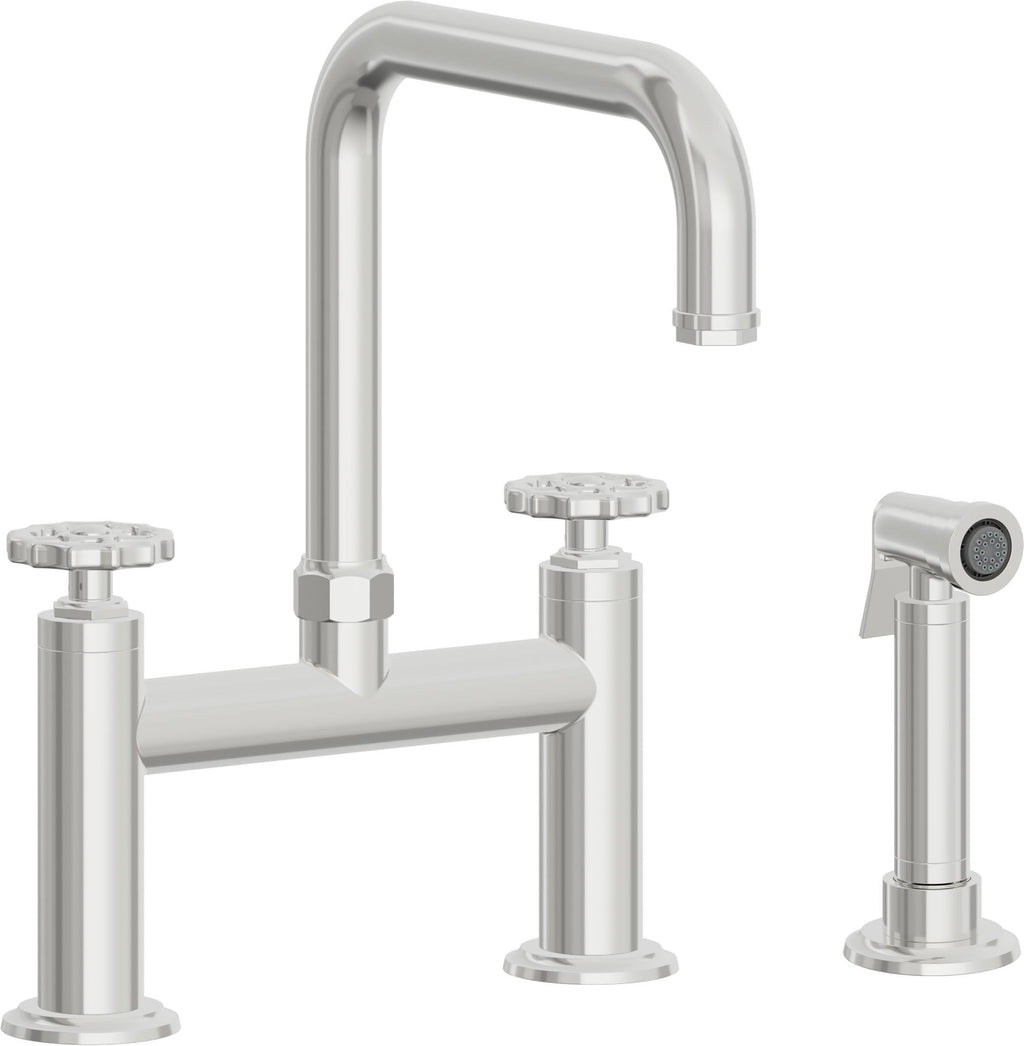 California Faucets Descanso Works Llave de Cocina Tipo Puente Industrial con Rociador Lateral - Pico Cuadruple - Cromo Pulido