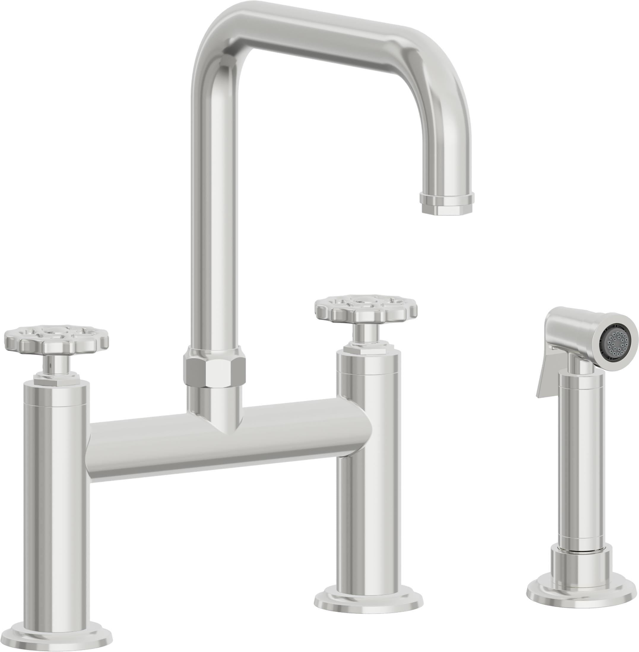 California Faucets Descanso Works Llave de Cocina Tipo Puente Industrial con Rociador Lateral - Pico Cuadruple - Cromo Pulido