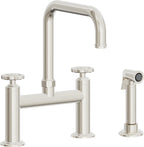 California Faucets Descanso Works Llave de Cocina Tipo Puente Industrial con Rociador Lateral - Pico Cuadruple - Níquel Pulido