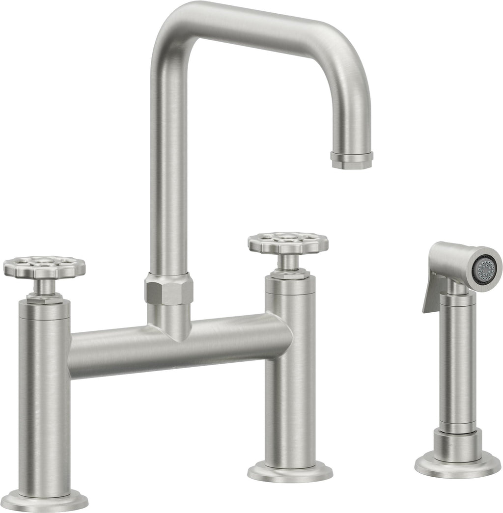 California Faucets Descanso Works Llave de Cocina Tipo Puente Industrial con Rociador Lateral - Pico Cuadruple - Cromo Satinado