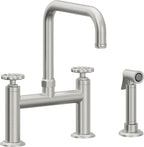 California Faucets Descanso Works Llave de Cocina Tipo Puente Industrial con Rociador Lateral - Pico Cuadruple - Cromo Satinado