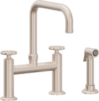 California Faucets Descanso Works Llave de Cocina Tipo Puente Industrial con Rociador Lateral - Pico Cuadruple - Níquel Satinado