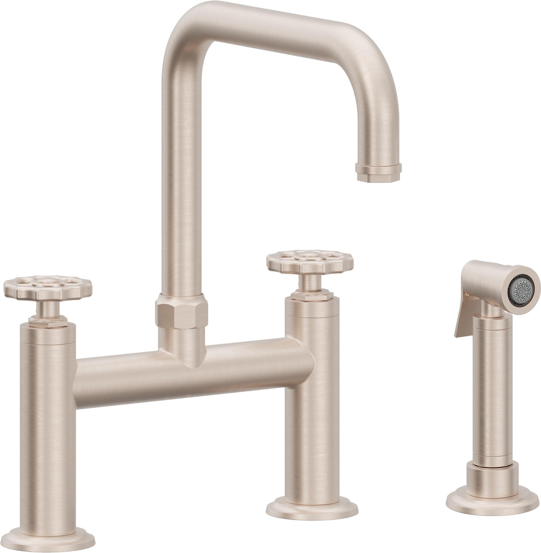 California Faucets Descanso Works Llave de Cocina Tipo Puente Industrial con Rociador Lateral - Pico Cuadruple - Níquel Satinado
