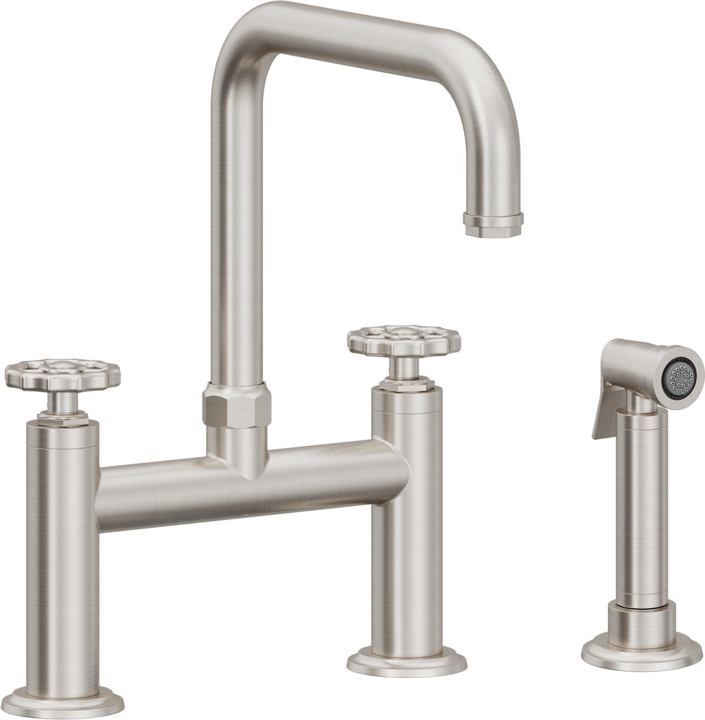 California Faucets Descanso Works Llave de Cocina Tipo Puente Industrial con Rociador Lateral - Pico Cuadruple - Acero Inoxidable Ultra