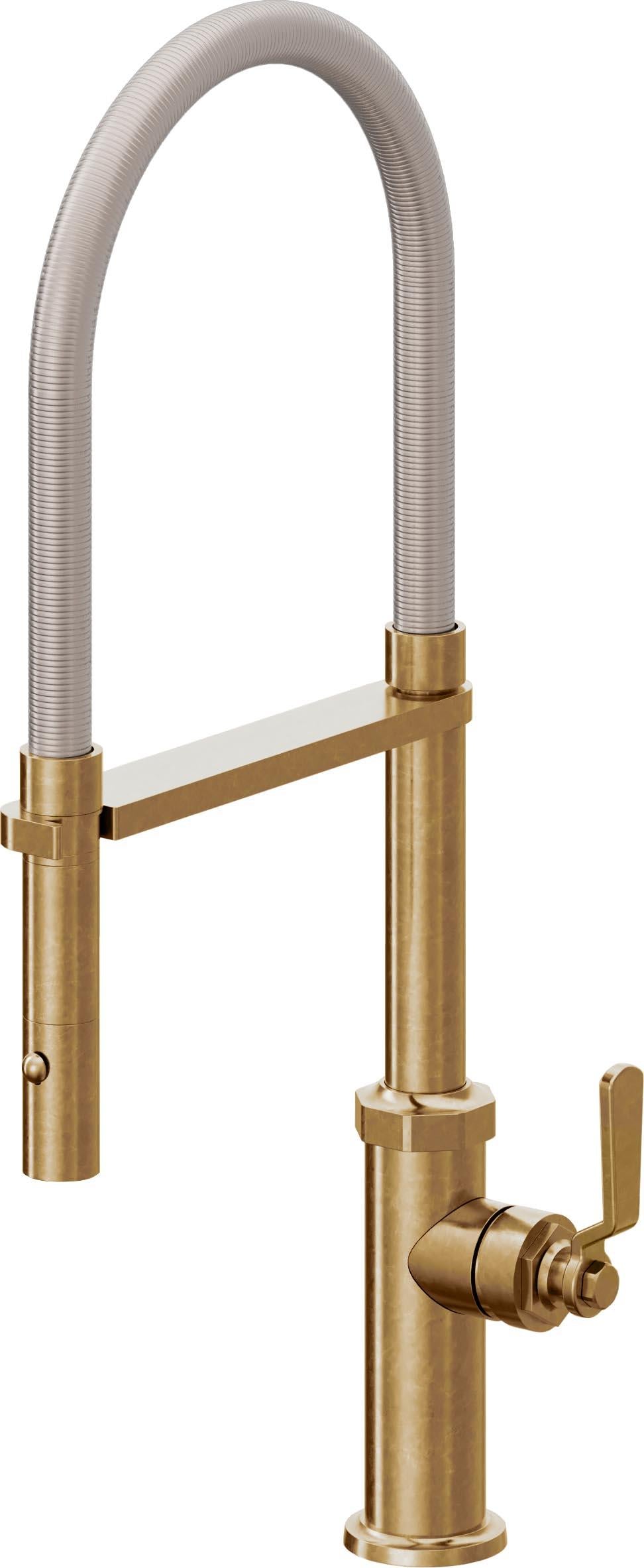 California Faucets Descanso Works Llave de Cocina Culinaria de Extraccion Industrial con Rociador de Boton - Latón Bruñido
