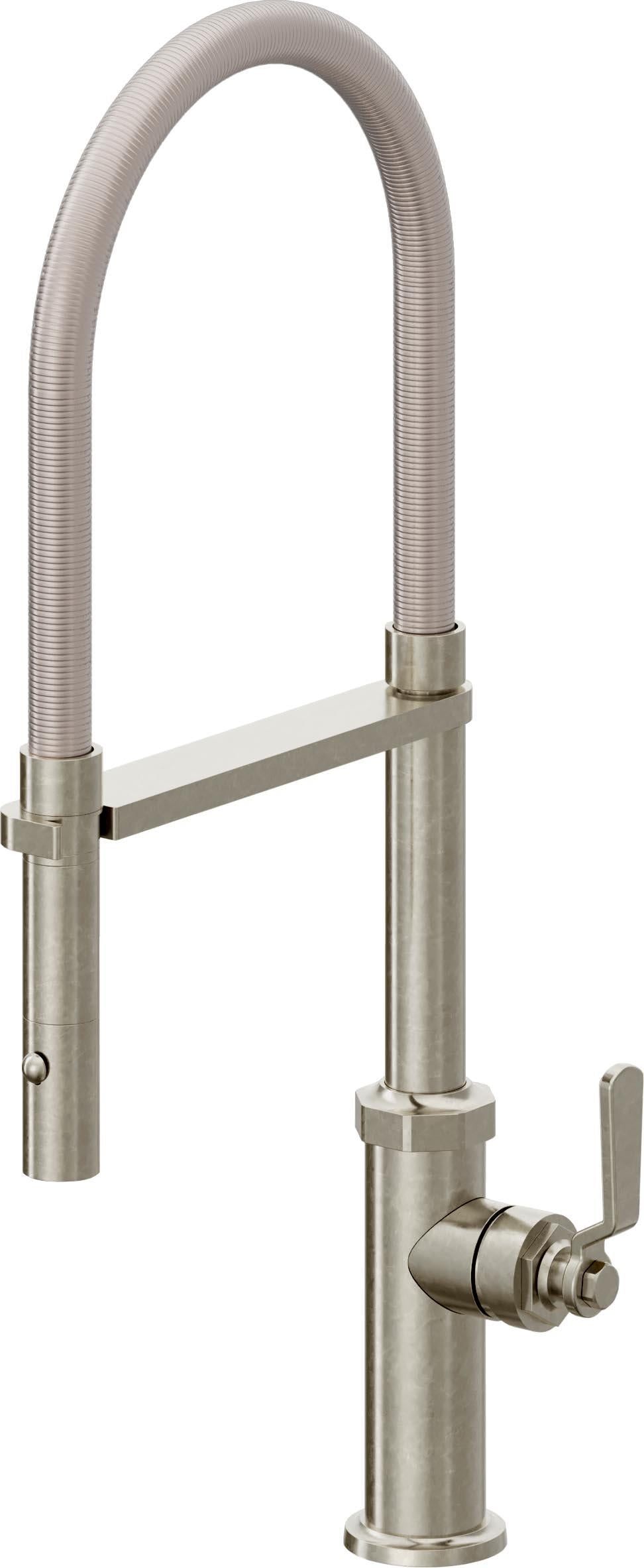 California Faucets Descanso Works Llave de Cocina Culinaria de Extraccion Industrial con Rociador de Boton - Níquel Bruñido