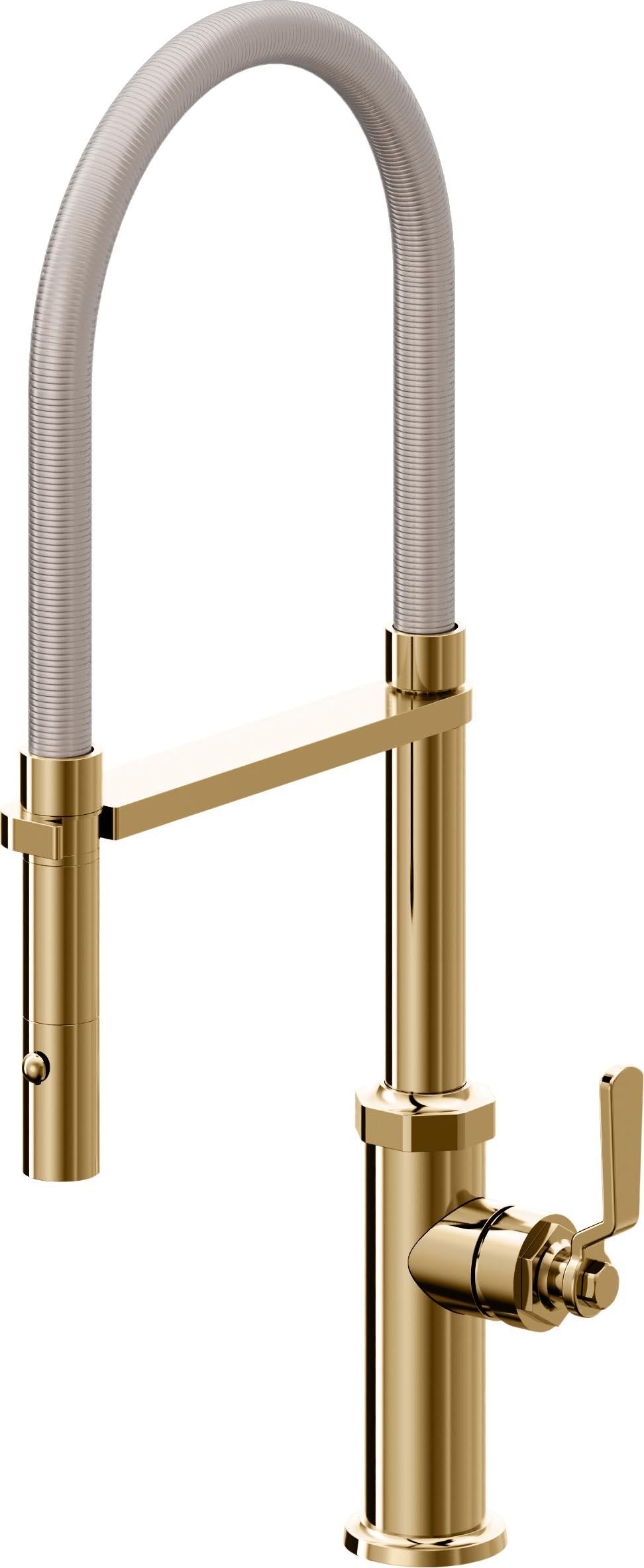 California Faucets Descanso Works Llave de Cocina Culinaria de Extraccion Industrial con Rociador de Boton - Oro Francés