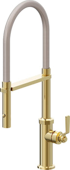 California Faucets Descanso Works Llave de Cocina Culinaria de Extraccion Industrial con Rociador de Boton - Oro Pulido de por Vida