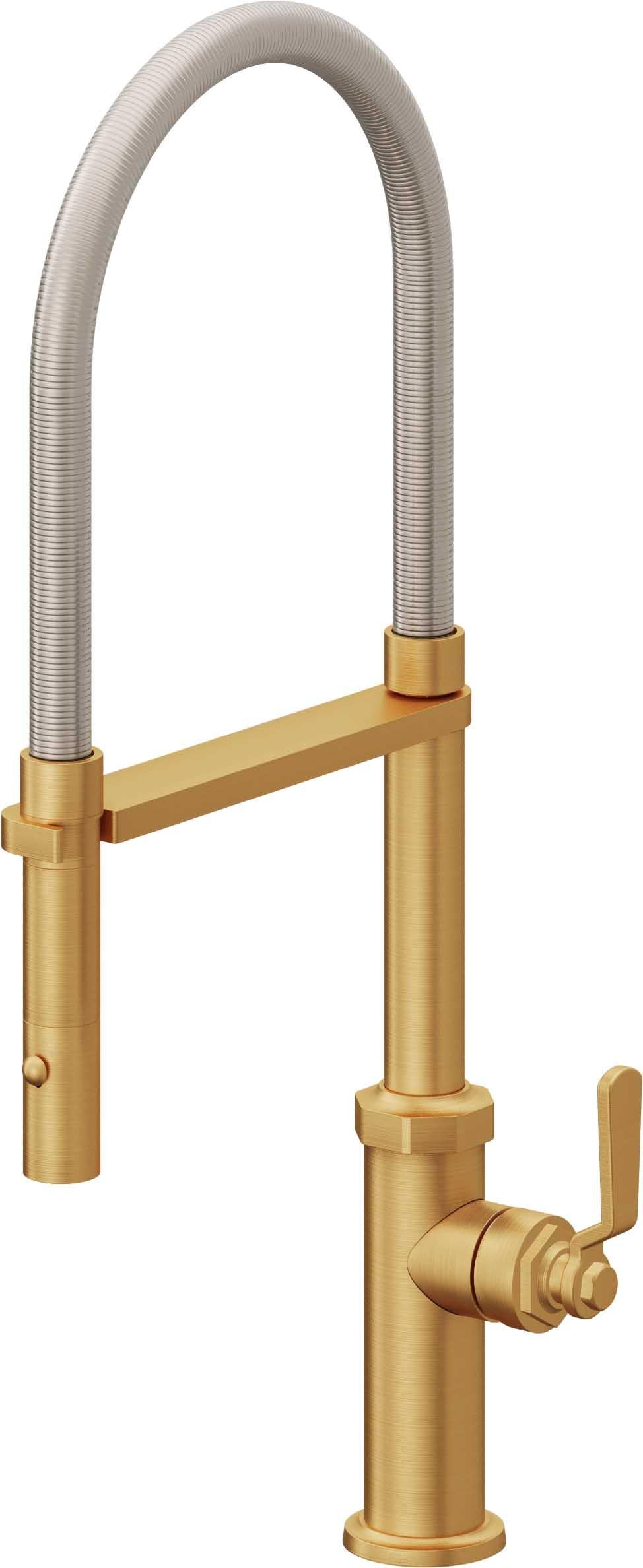 California Faucets Descanso Works Llave de Cocina Culinaria de Extraccion Industrial con Rociador de Boton - Oro Satinado de por Vida