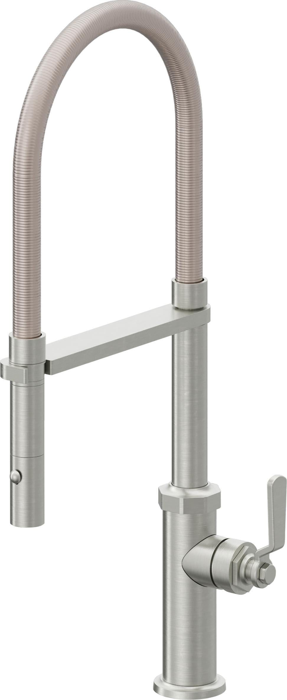 California Faucets Descanso Works Llave de Cocina Culinaria de Extraccion Industrial con Rociador de Boton - Cromo Satinado
