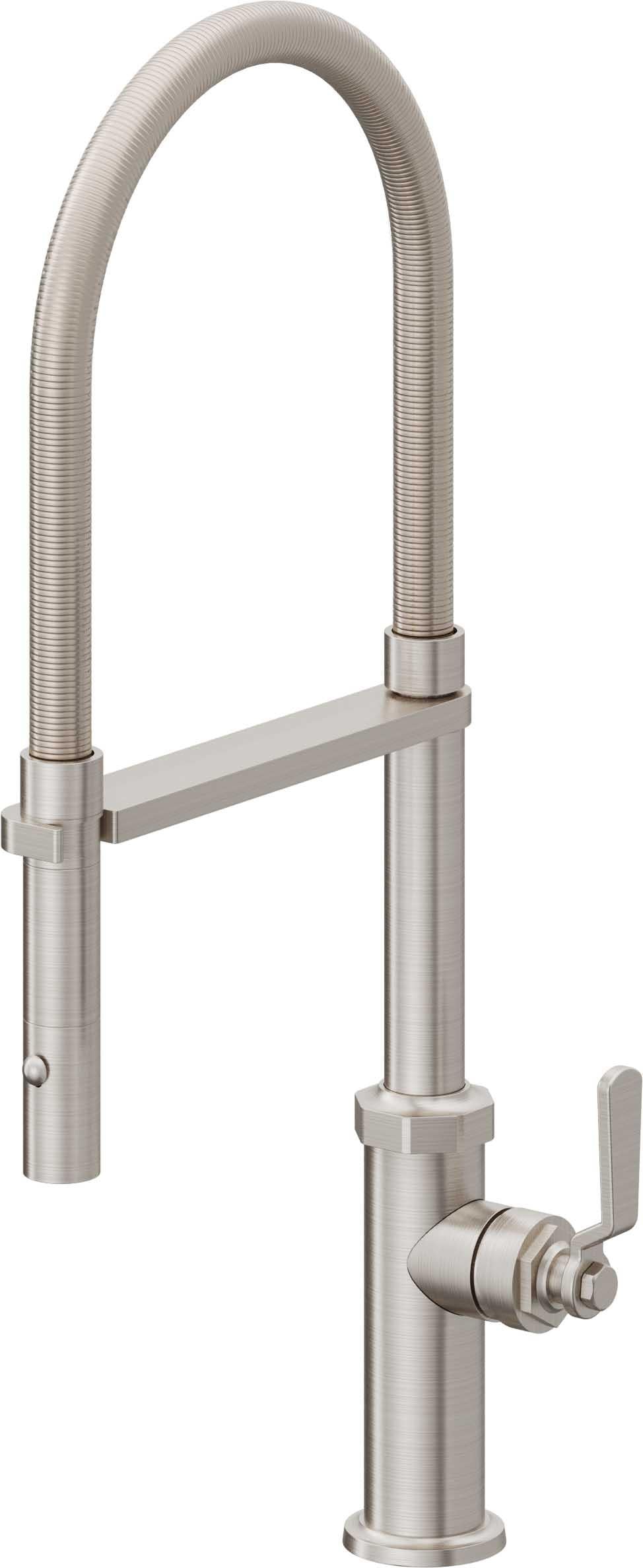 California Faucets Descanso Works Llave de Cocina Culinaria de Extraccion Industrial con Rociador de Boton - Acero Inoxidable Ultra