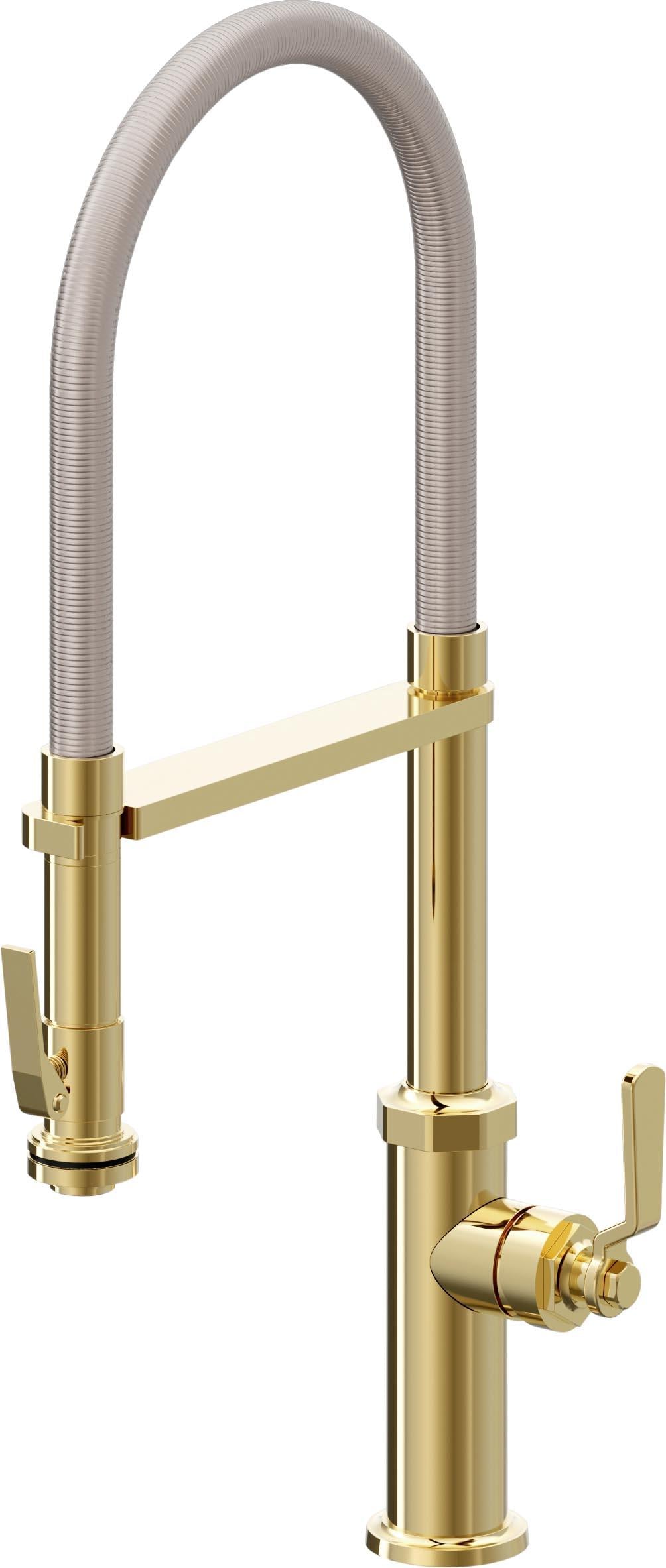 California Faucets Descanso Works Llave de Cocina Culinaria de Extraccion Industrial con Rociador de Apretar - Oro Pulido de por Vida