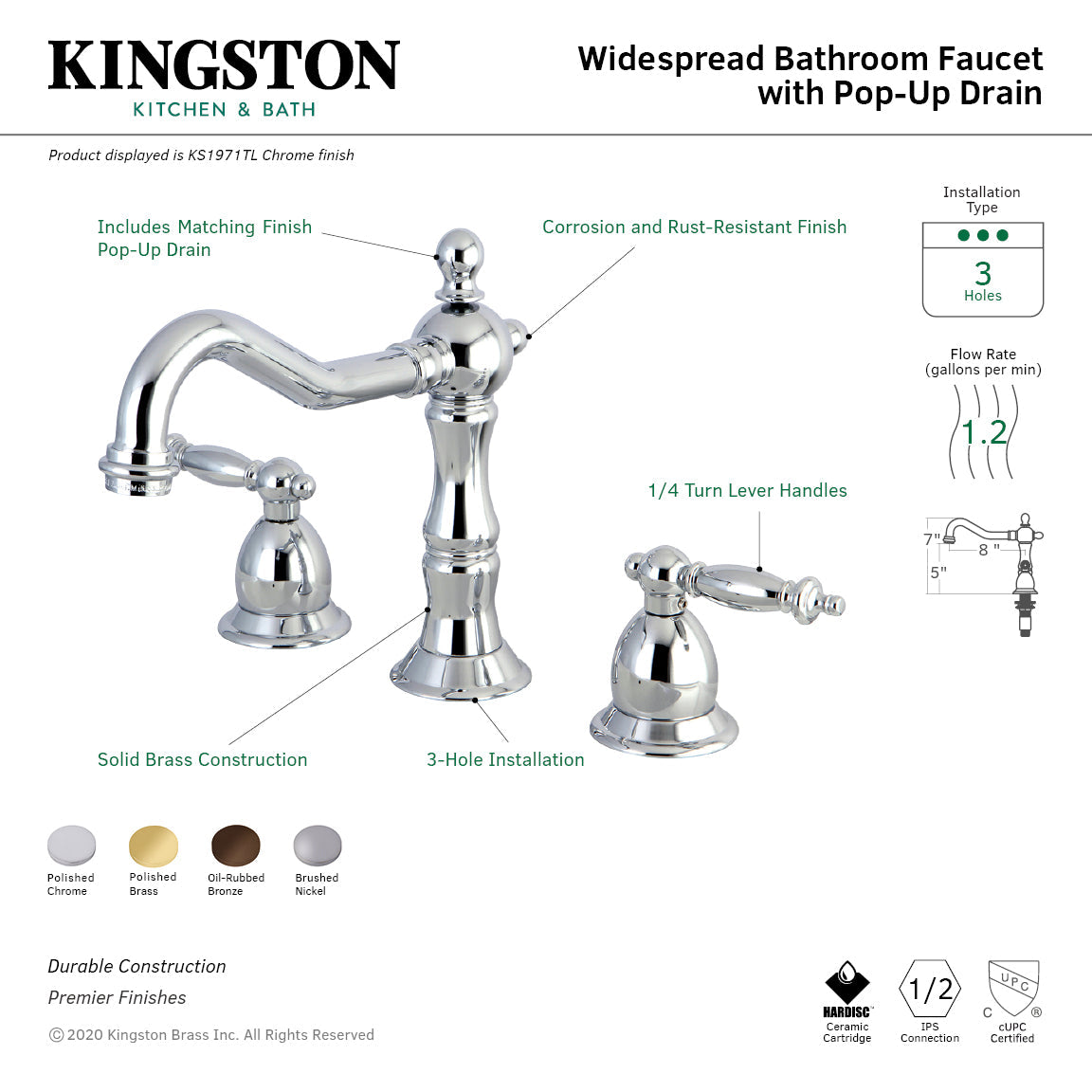 Kingston Brass Heritage - Llave de Lavabo Widespread (3 Orificios), con Dos Manerales — Guía de Instalación 1