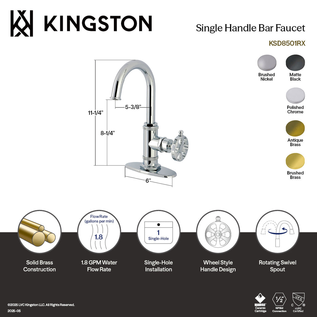 Kingston Brass Sona Belknap — Mezcladora de Bar de Cubierta, Una Manija, 1 Orificio — Níquel Cepillado — Ambientación 6