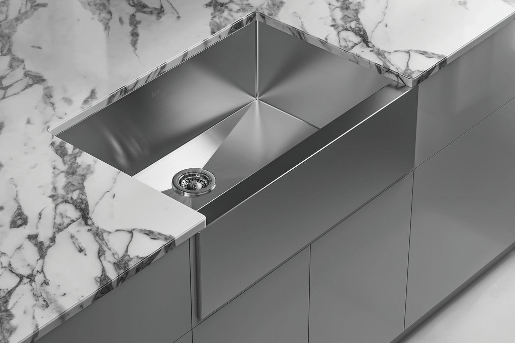Rohl Proscenio Tarja de Cocina Farmhouse de Acero Inoxidable Sencilla 30" — instalada