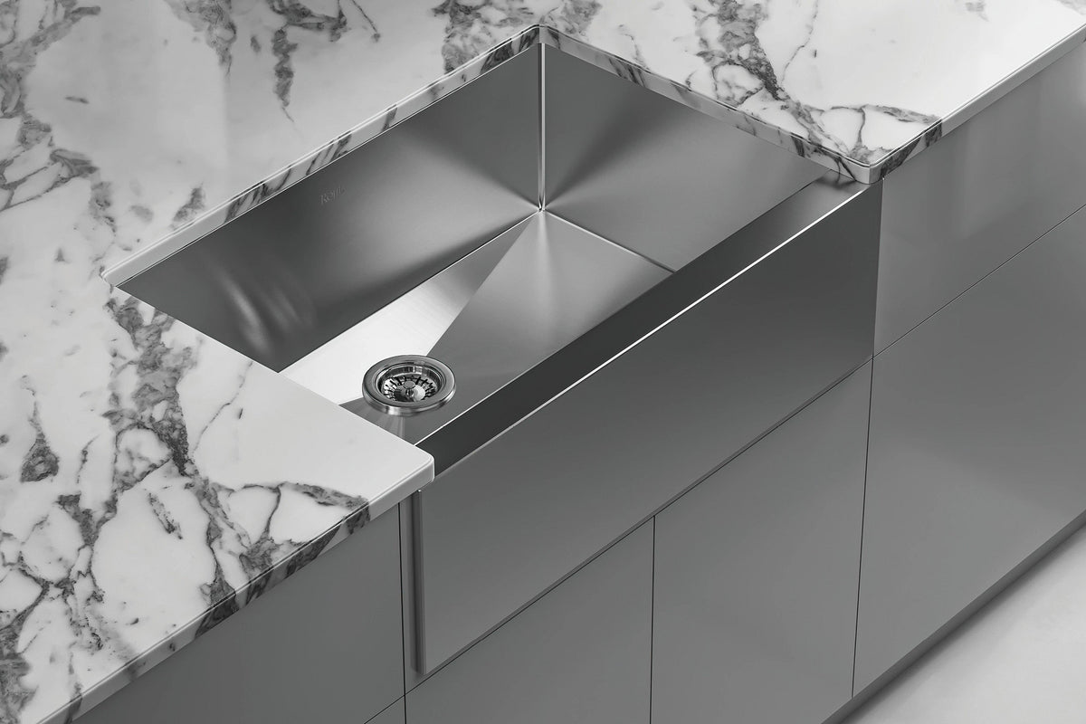 Rohl Proscenio Tarja de Cocina Farmhouse de Acero Inoxidable Sencilla 30" — instalada
