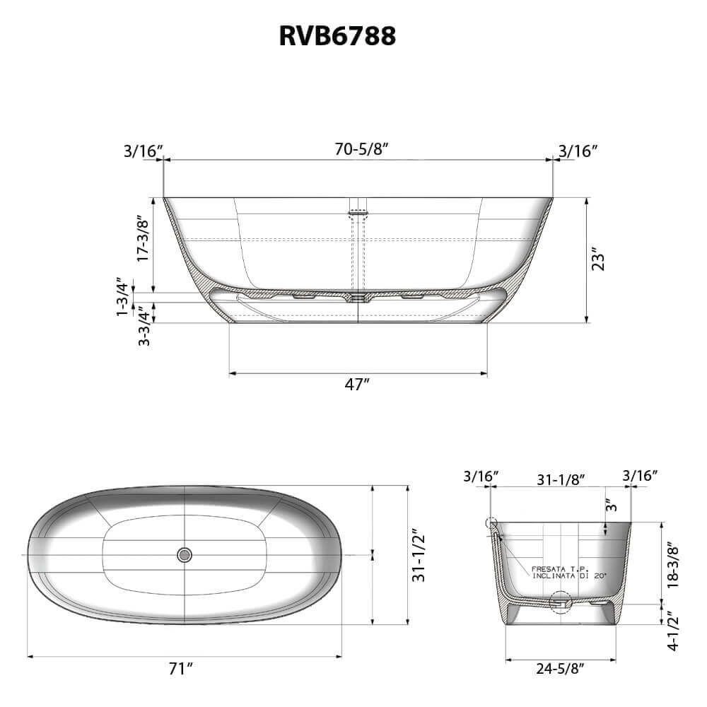 Ruvati Sinatra — Bañera Independiente de 71" en epiStone, Oro y Blanco — diagrama de dimensiones
