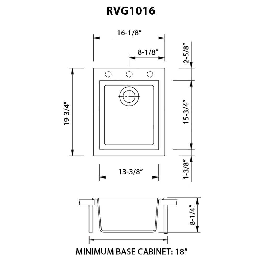 Ruvati epiGranite — Tarja de Bar / Prep de 16 x 20 pulg en Granito Compuesto — diagrama de dimensiones