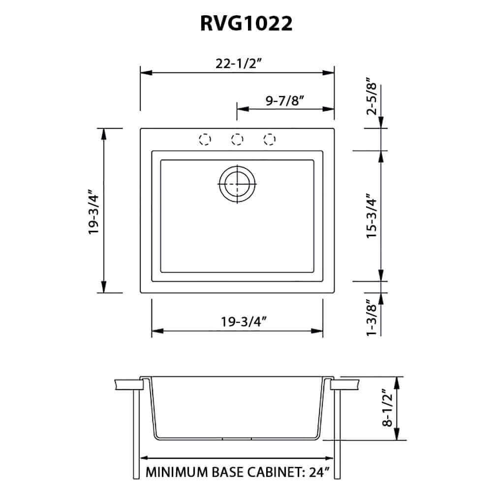 Ruvati epiGranite — Tarja de Bar / Prep de 22 x 20 pulg en Granito Compuesto — diagrama de dimensiones