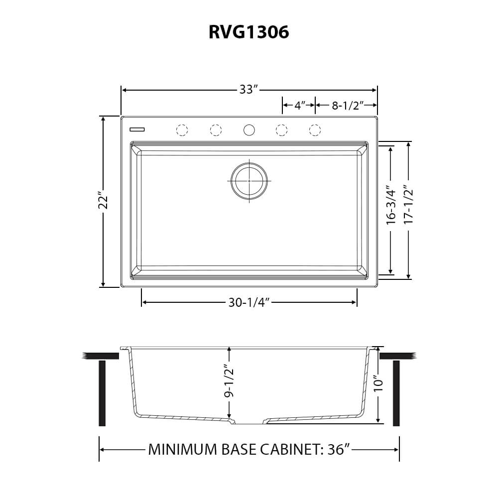 Ruvati epiStage — Tarja Workstation de Cocina en Granito Compuesto — diagrama de dimensiones