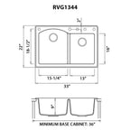 Ruvati epiGranite — Tarja de Cocina de 33 x 22 pulg en Granito Compuesto — diagrama de dimensiones