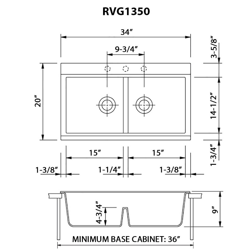 Ruvati epiGranite — Tarja Workstation de Cocina en Granito Compuesto — diagrama de dimensiones