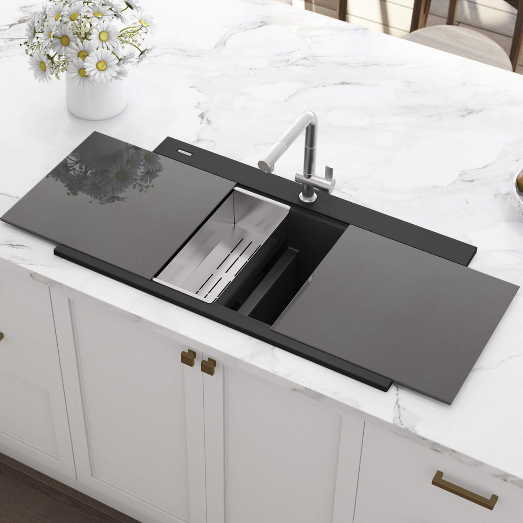 Ruvati epiGranite — Tarja Workstation de Cocina en Granito Compuesto — Negro Medianoche