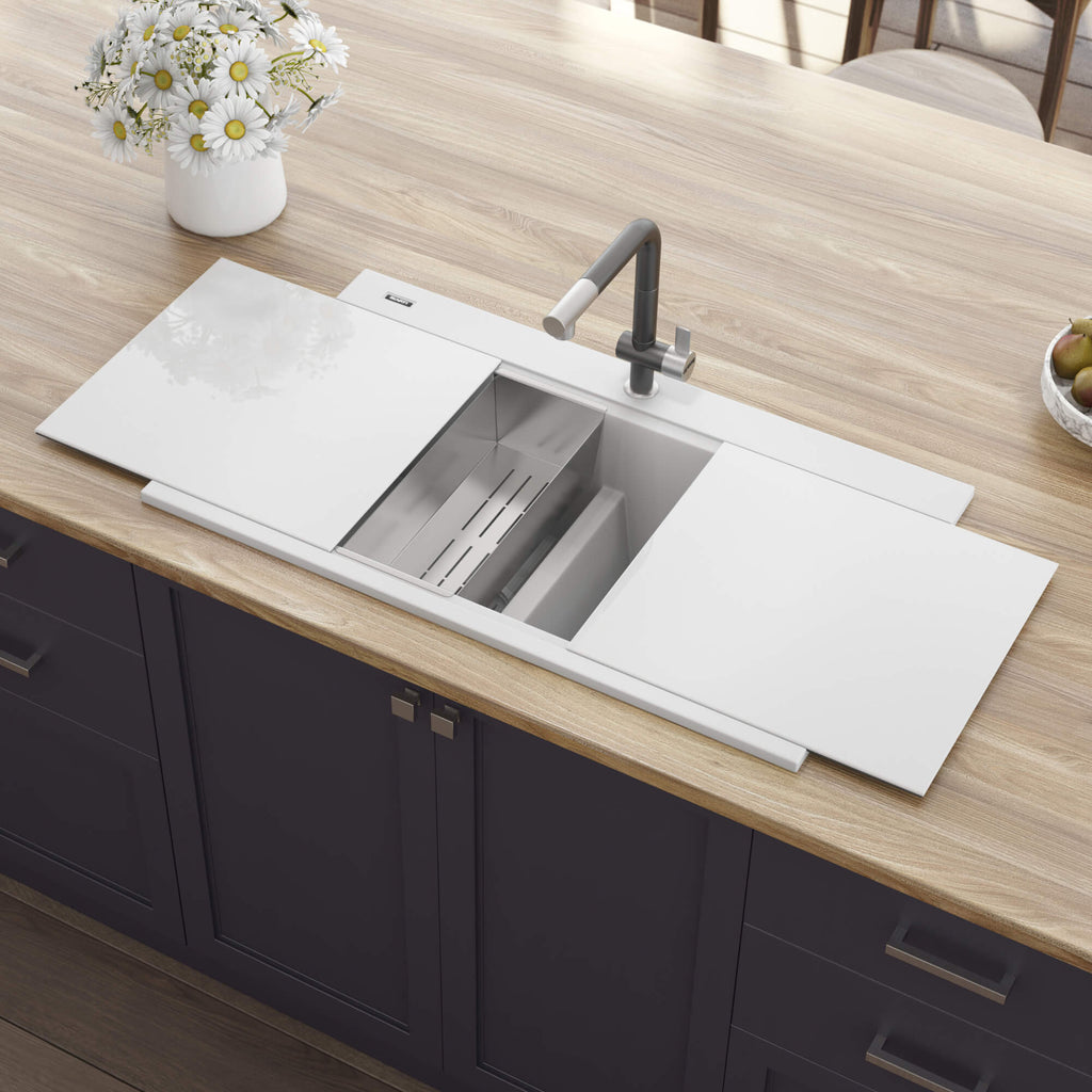 Ruvati epiGranite — Tarja Workstation de Cocina en Granito Compuesto — Blanco Ártico