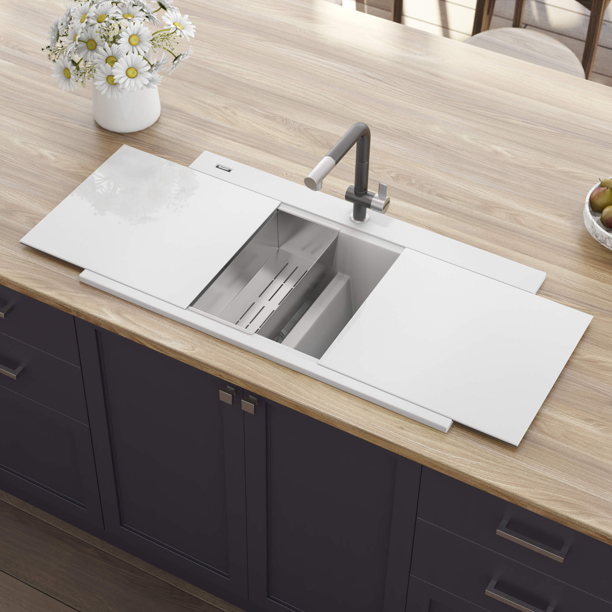 Ruvati epiGranite — Tarja Workstation de Cocina en Granito Compuesto — Blanco Ártico