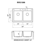 Ruvati epiGranite — Tarja de Cocina de 33 x 22 pulg en Granito Compuesto — diagrama de dimensiones