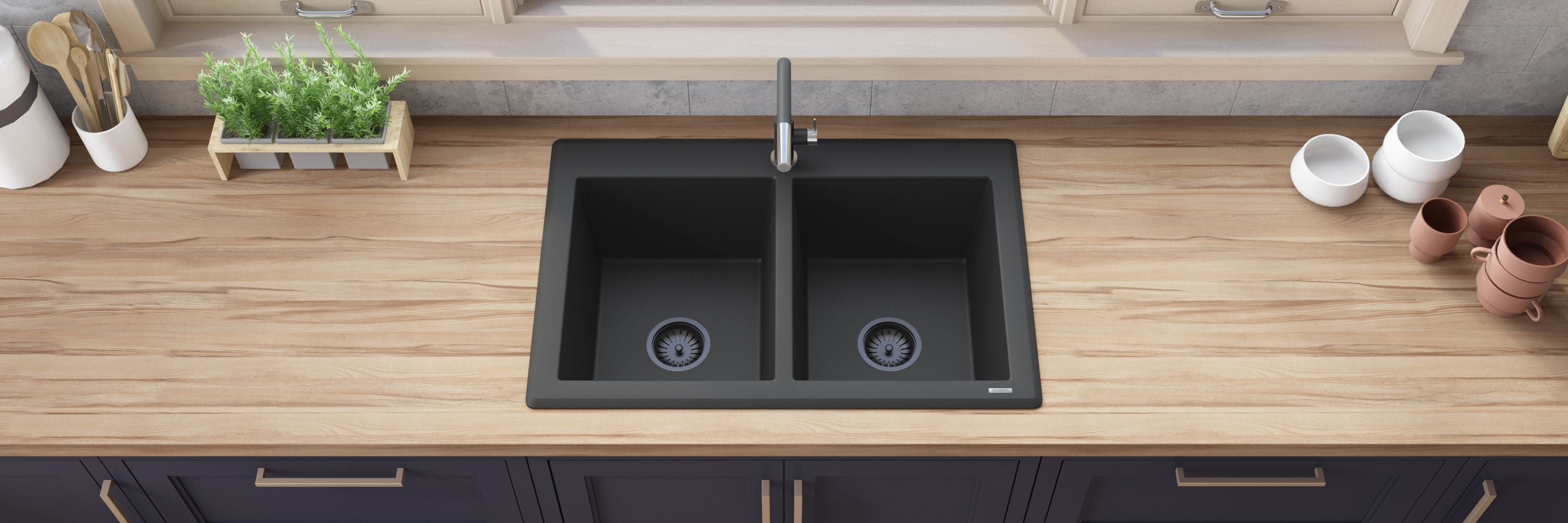 Ruvati epiGranite — Tarja de Cocina de 33 x 22 pulg en Granito Compuesto — Negro Medianoche — 2