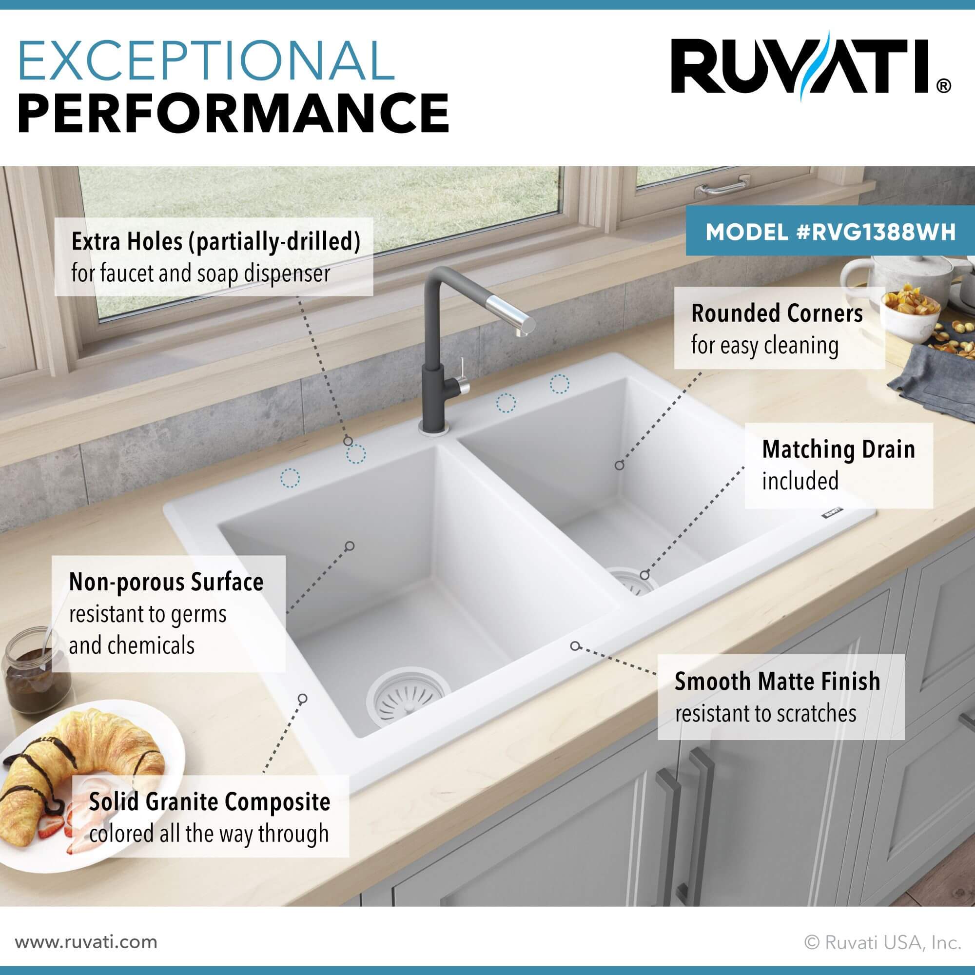 Ruvati epiGranite — Tarja de Cocina de 33 x 22 pulg en Granito Compuesto — Blanco Ártico — 4