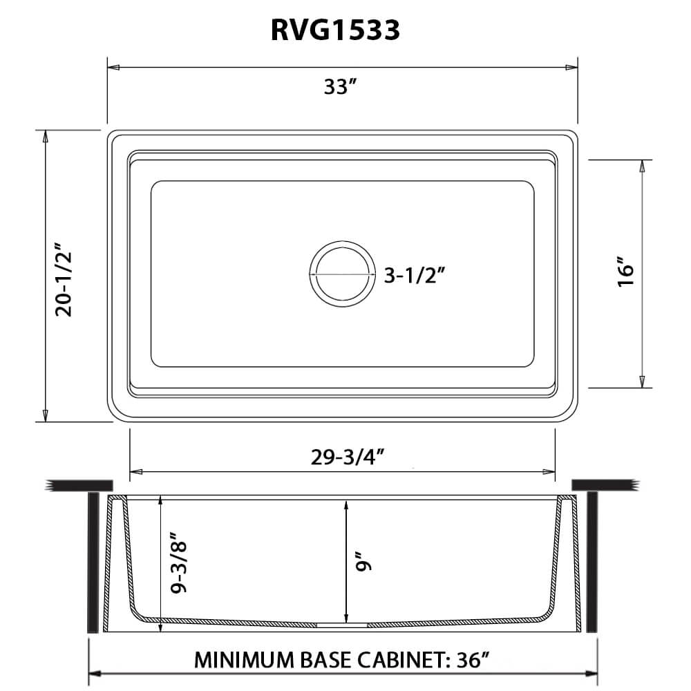 Ruvati epiCast — Tarja Farmhouse de Cocina en Granito Compuesto — diagrama de dimensiones