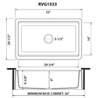 Ruvati epiCast — Tarja Farmhouse de Cocina en Granito Compuesto — diagrama de dimensiones
