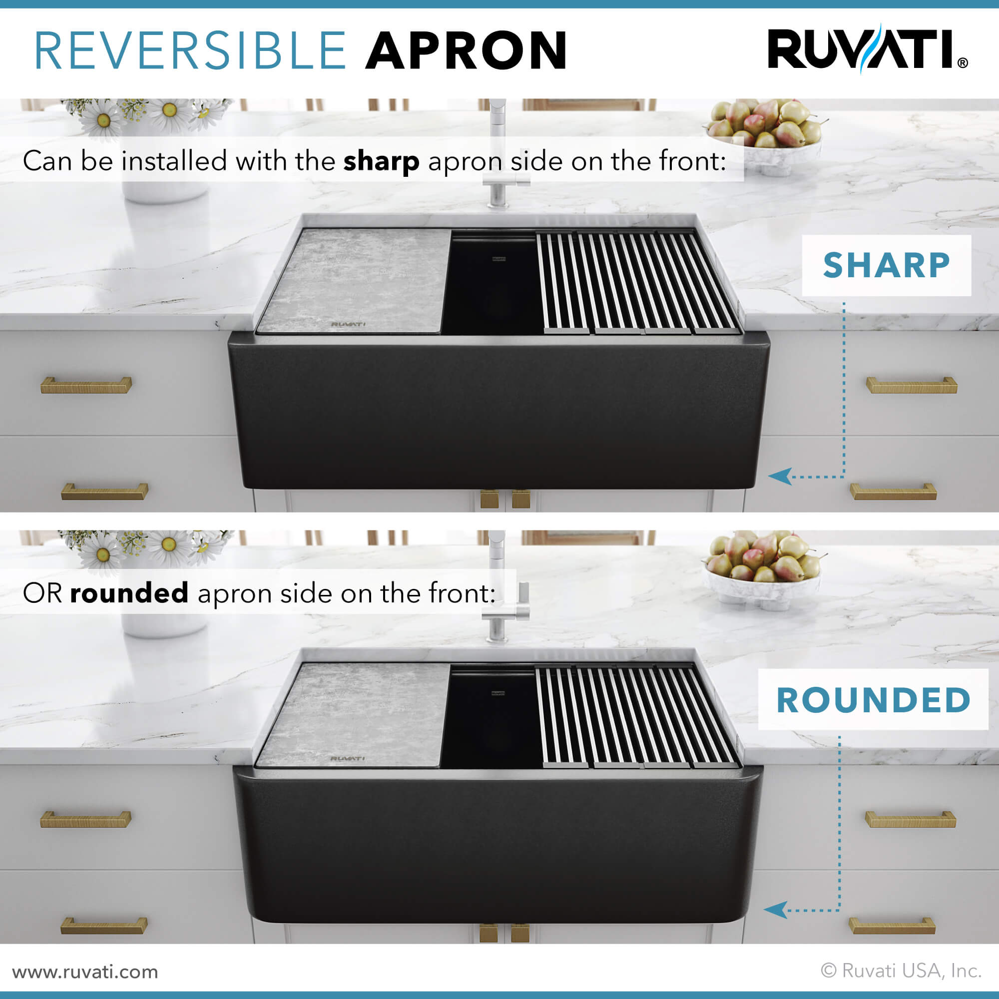 Ruvati epiCast — Tarja Farmhouse de Cocina en Granito Compuesto — Negro Mate — 3