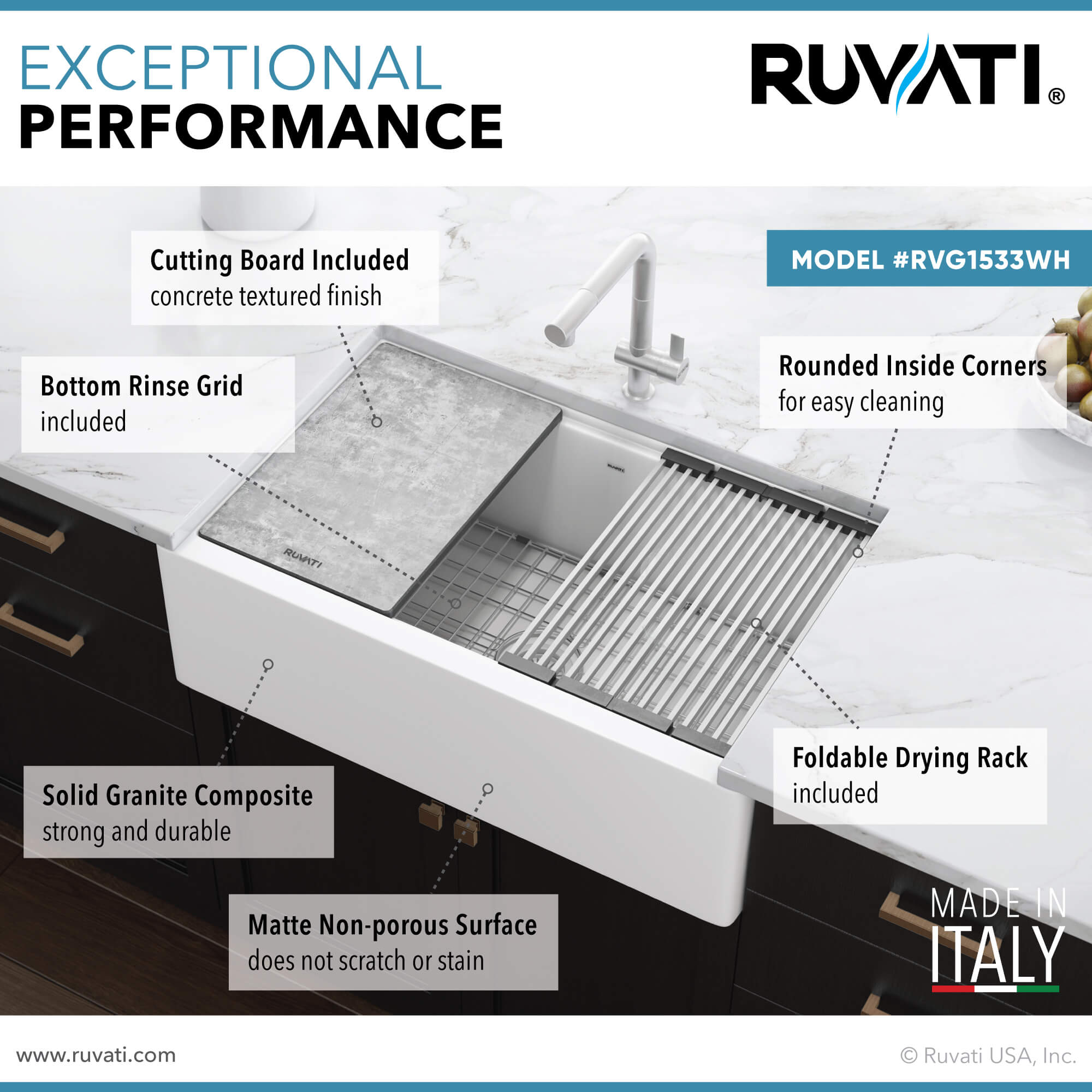 Ruvati epiCast — Tarja Farmhouse de Cocina en Granito Compuesto — Blanco Ártico — 2