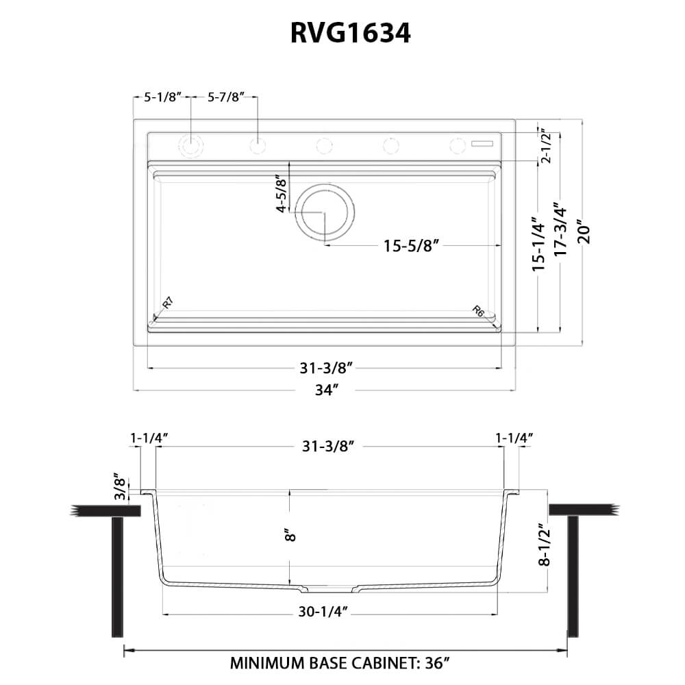 Ruvati epiCube — Tarja Workstation de Cocina en Granito Compuesto — diagrama de dimensiones